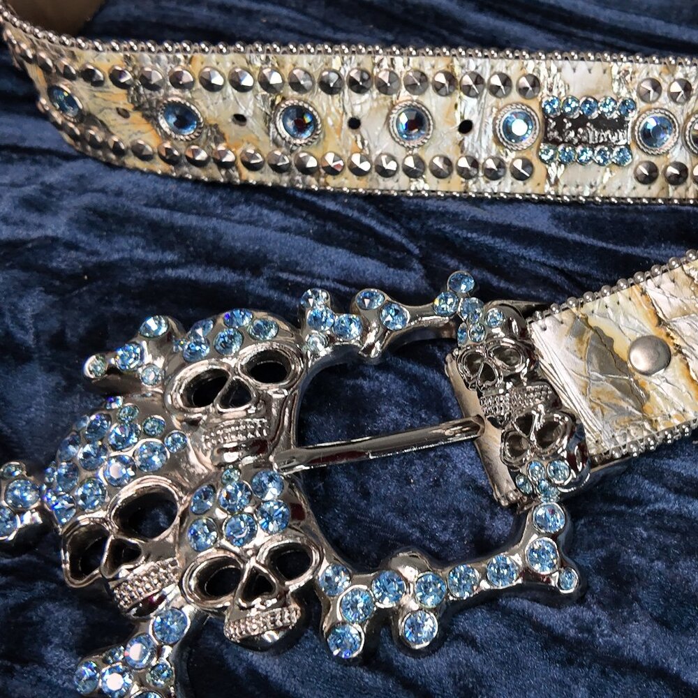 Robins jeans mens belt, Blue stones/light tan/blue reflective leather 32-34